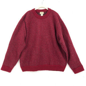 L.L. Bean Mens L Red Gray Fair Isle Wool Sweater Round Neck Long Sleeve Rib Trim